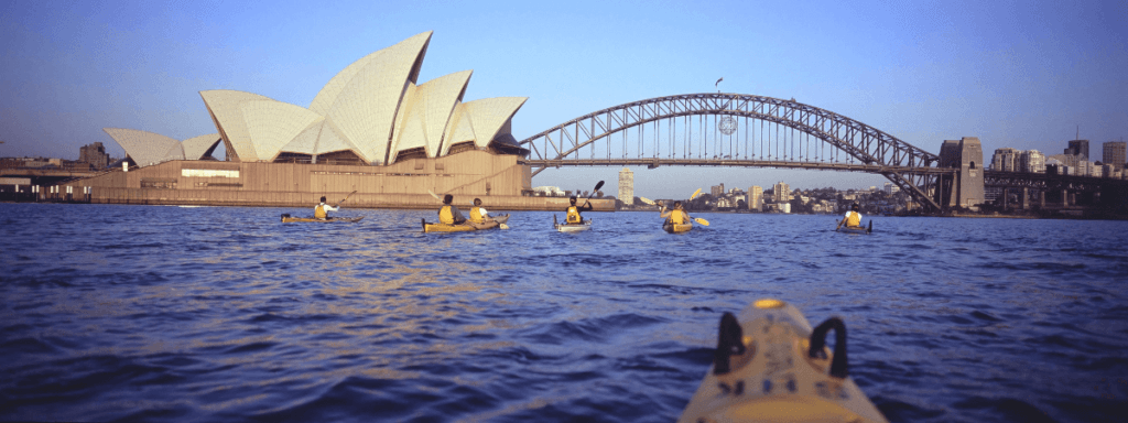 Kayaking in sydney Under sydney harbour bridge such as Sydney opera house and harbour bridge